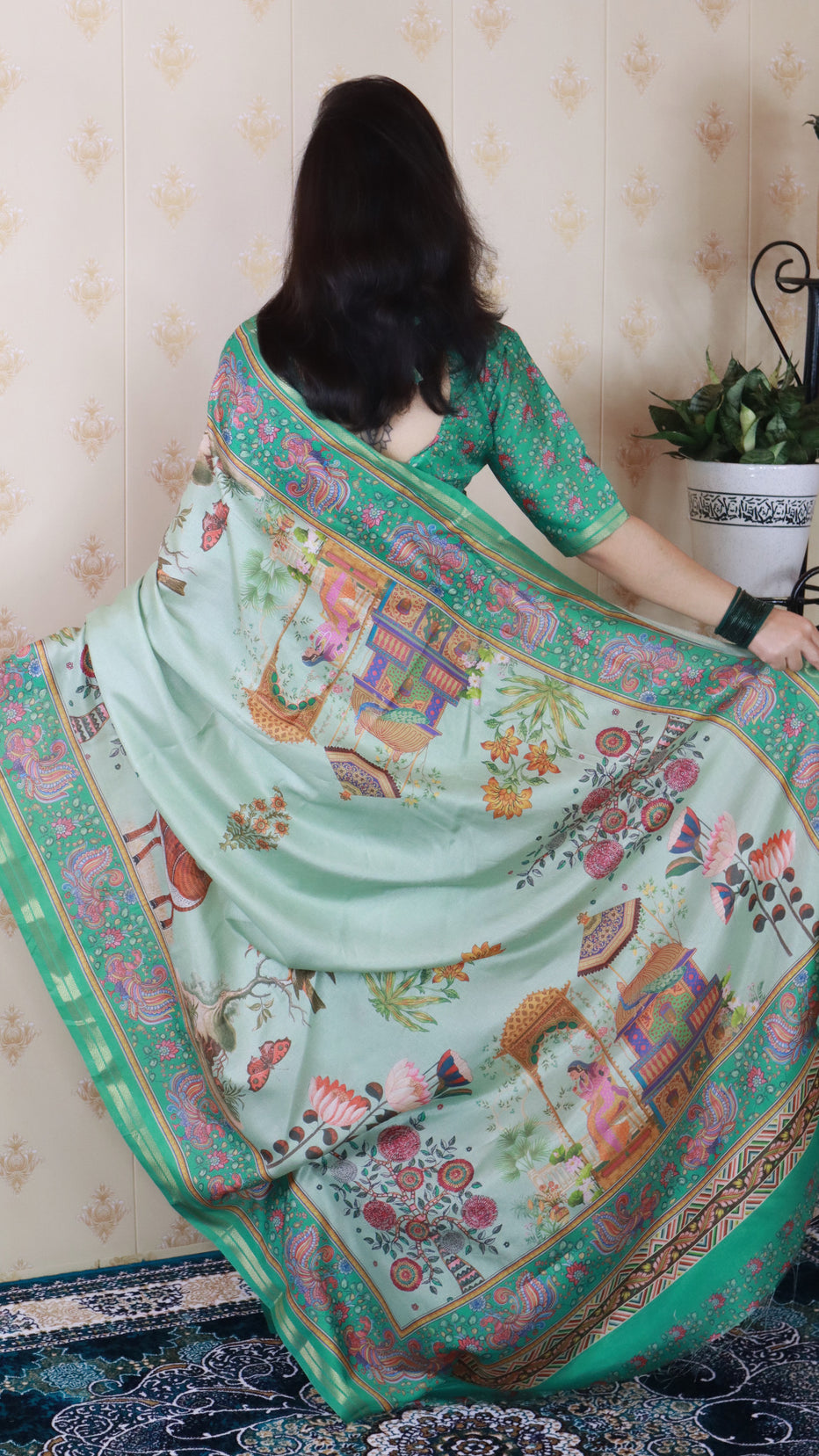 Sea Green Soft Tussar Silk Pattachitra Traditional Printed Zari Tussar Saree
