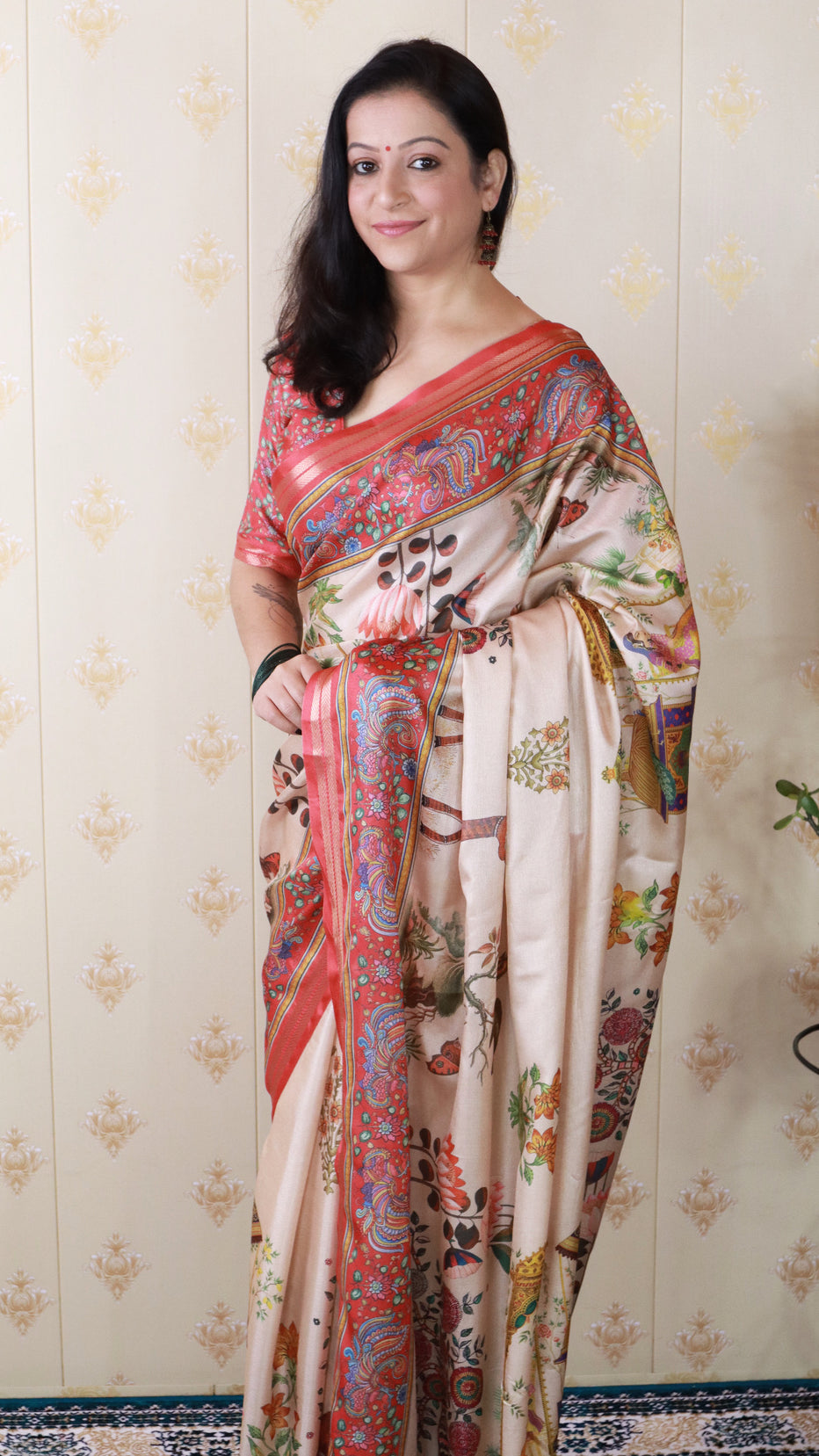 Red Soft Tussar Silk Pattachitra Traditional Printed Zari Tussar Saree Tussar Saree Anant Tex Exports Pvt.Ltd..