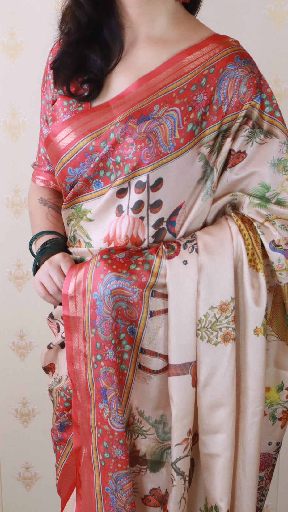 Red Soft Tussar Silk Pattachitra Traditional Printed Zari Tussar Saree