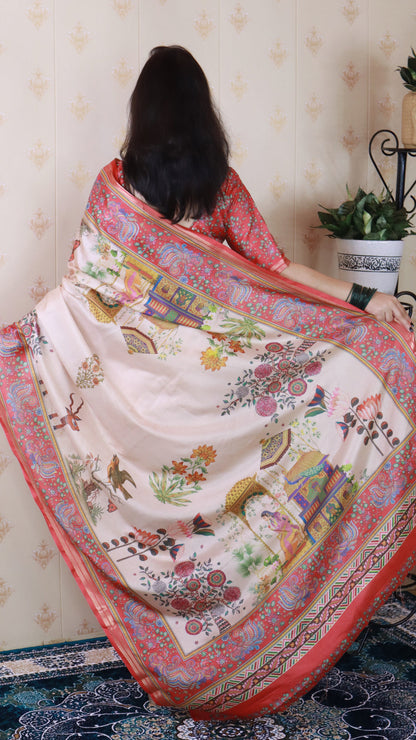Red Soft Tussar Silk Pattachitra Traditional Printed Zari Tussar Saree Tussar Saree Anant Tex Exports Pvt.Ltd..