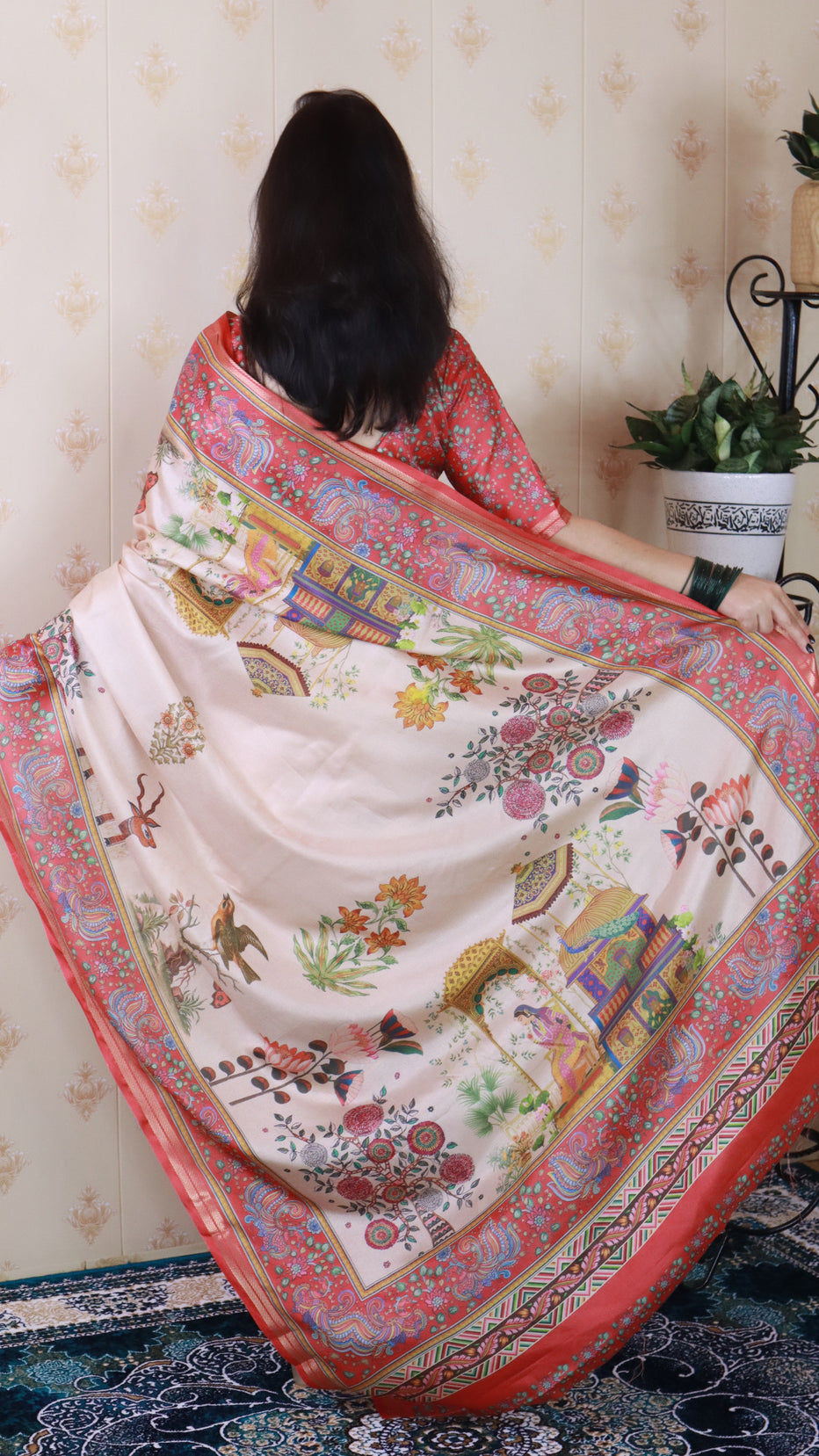 Red Soft Tussar Silk Pattachitra Traditional Printed Zari Tussar Saree