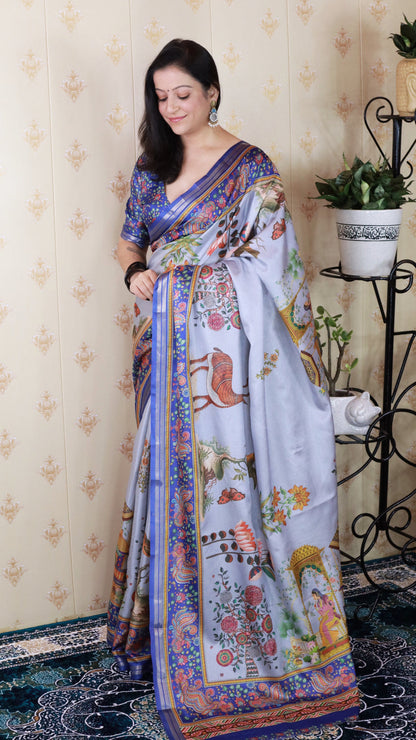 Blue Soft Tussar Silk Pattachitra Traditional Printed Zari Tussar Saree Tussar Saree Anant Tex Exports Pvt.Ltd..