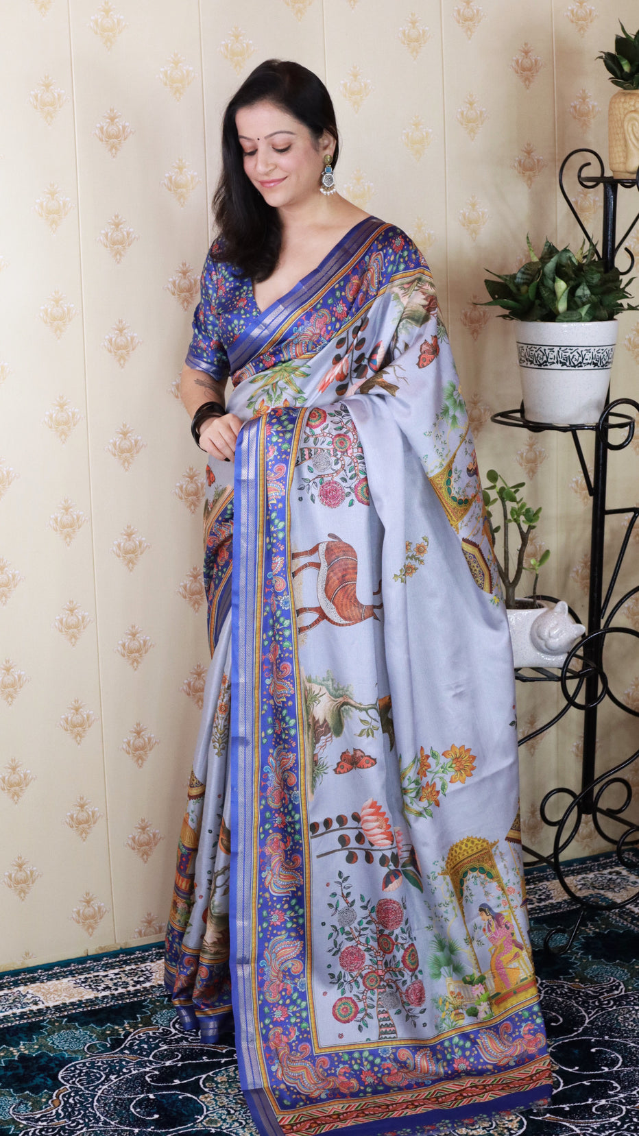 Blue Soft Tussar Silk Pattachitra Traditional Printed Zari Tussar Saree
