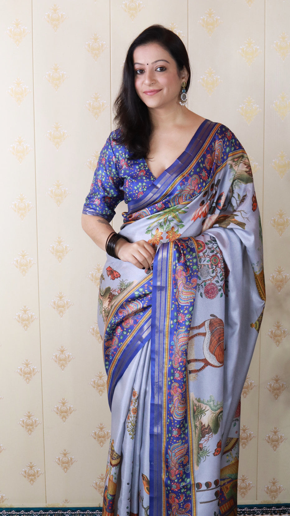 Blue Soft Tussar Silk Pattachitra Traditional Printed Zari Tussar Saree Tussar Saree Anant Tex Exports Pvt.Ltd..