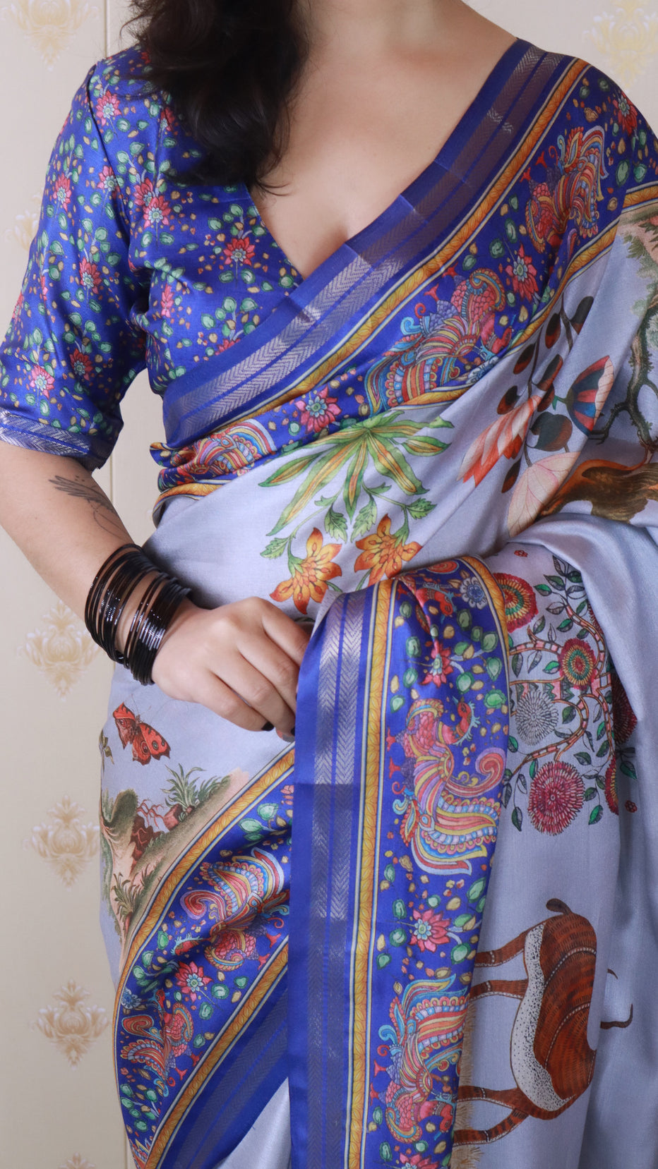 Blue Soft Tussar Silk Pattachitra Traditional Printed Zari Tussar Saree