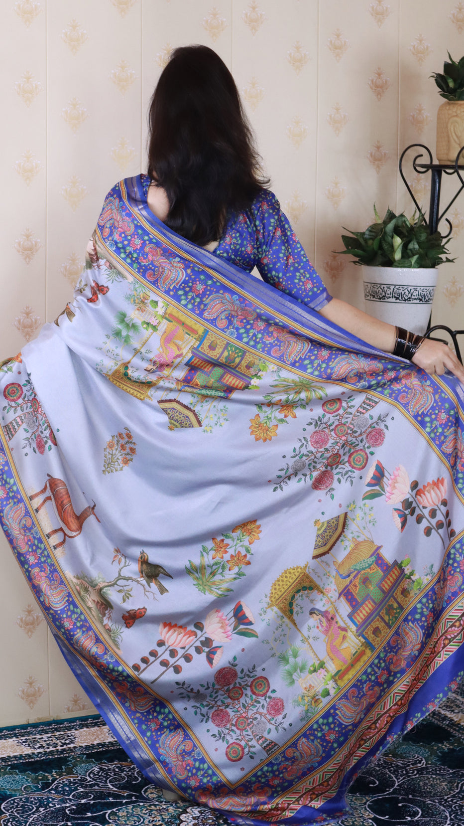 Blue Soft Tussar Silk Pattachitra Traditional Printed Zari Tussar Saree Tussar Saree Anant Tex Exports Pvt.Ltd..