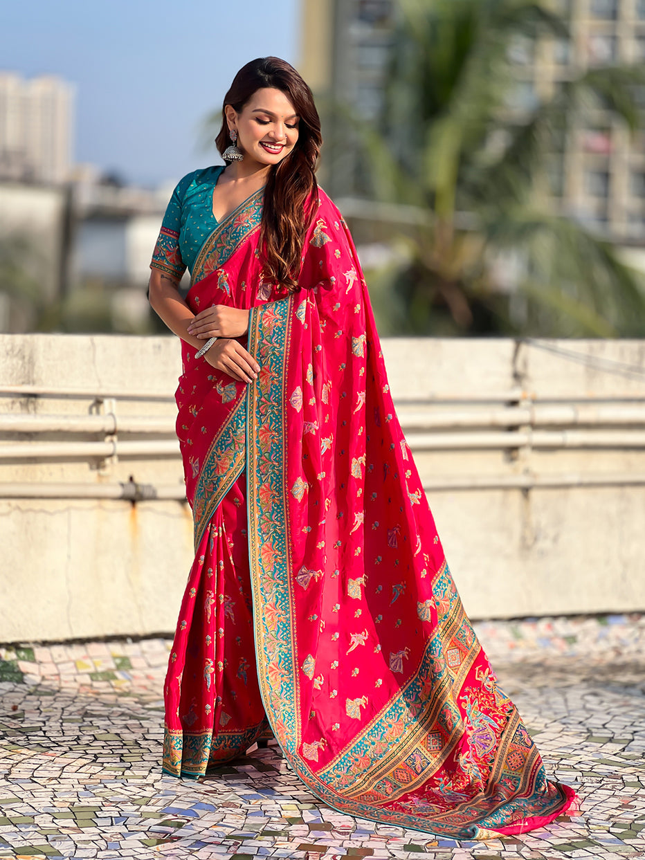 Pink Pure Viscose Silk Position Printed Traditional Saree