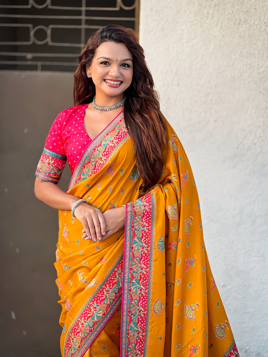 Mustard Pure Viscose Silk Position Printed Traditional Saree