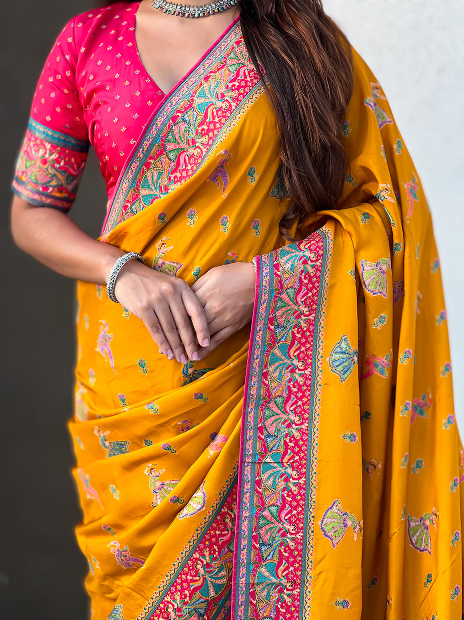 Mustard Pure Viscose Silk Position Printed Traditional Saree