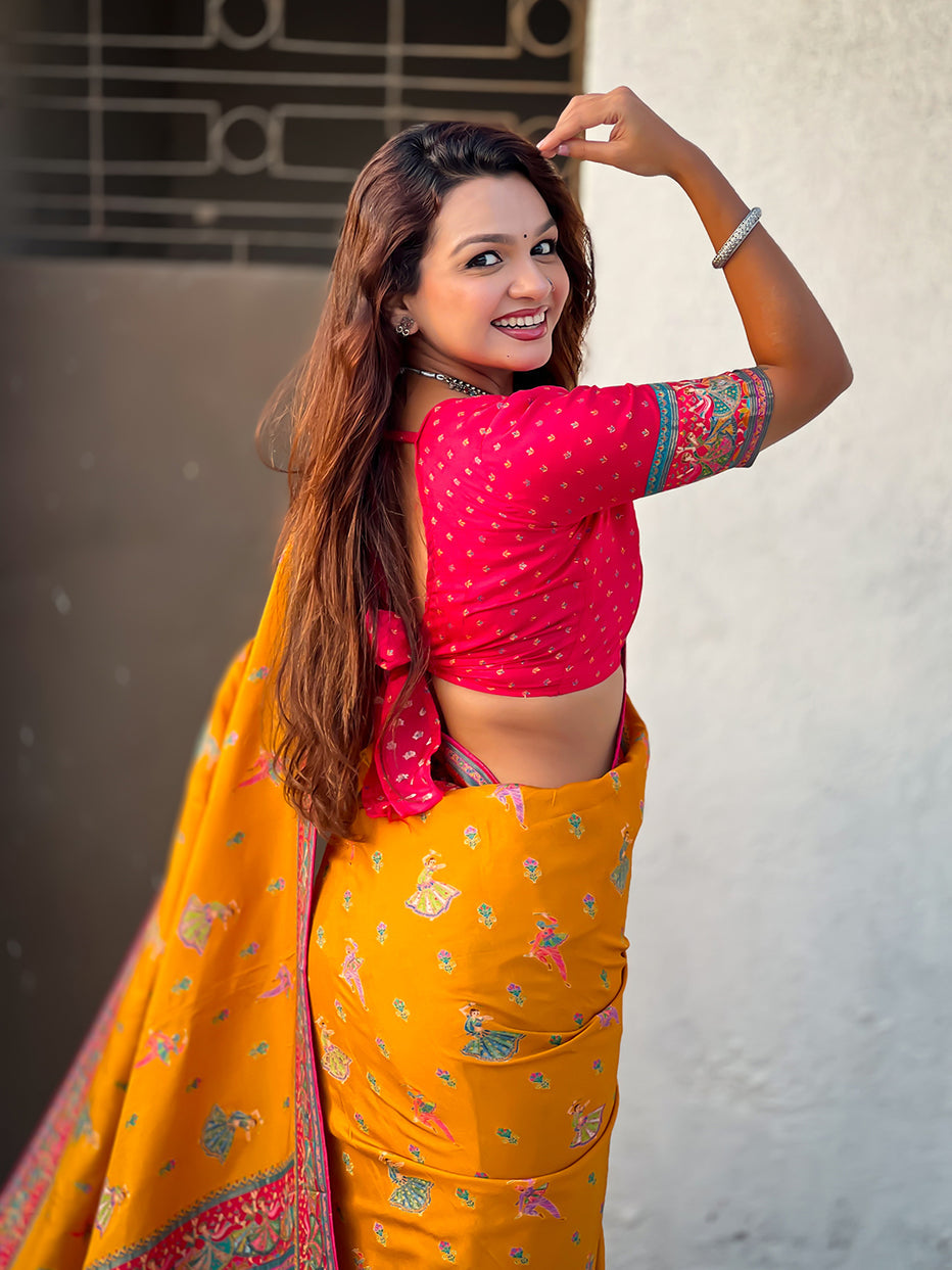 Mustard Pure Viscose Silk Position Printed Traditional Saree Soft Silk Saree Anant Tex Exports Pvt.Ltd..