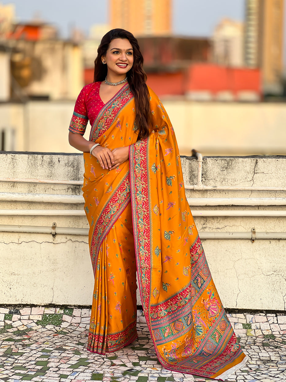 Mustard Pure Viscose Silk Position Printed Traditional Saree Soft Silk Saree Anant Tex Exports Pvt.Ltd..
