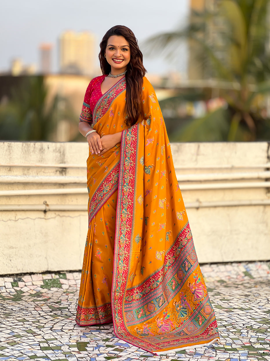 Mustard Pure Viscose Silk Position Printed Traditional Saree Soft Silk Saree Anant Tex Exports Pvt.Ltd..
