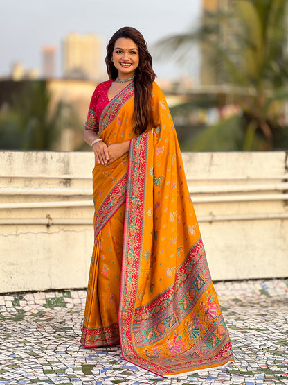 Mustard Pure Viscose Silk Position Printed Traditional Saree Soft Silk Saree Anant Tex Exports Pvt.Ltd..