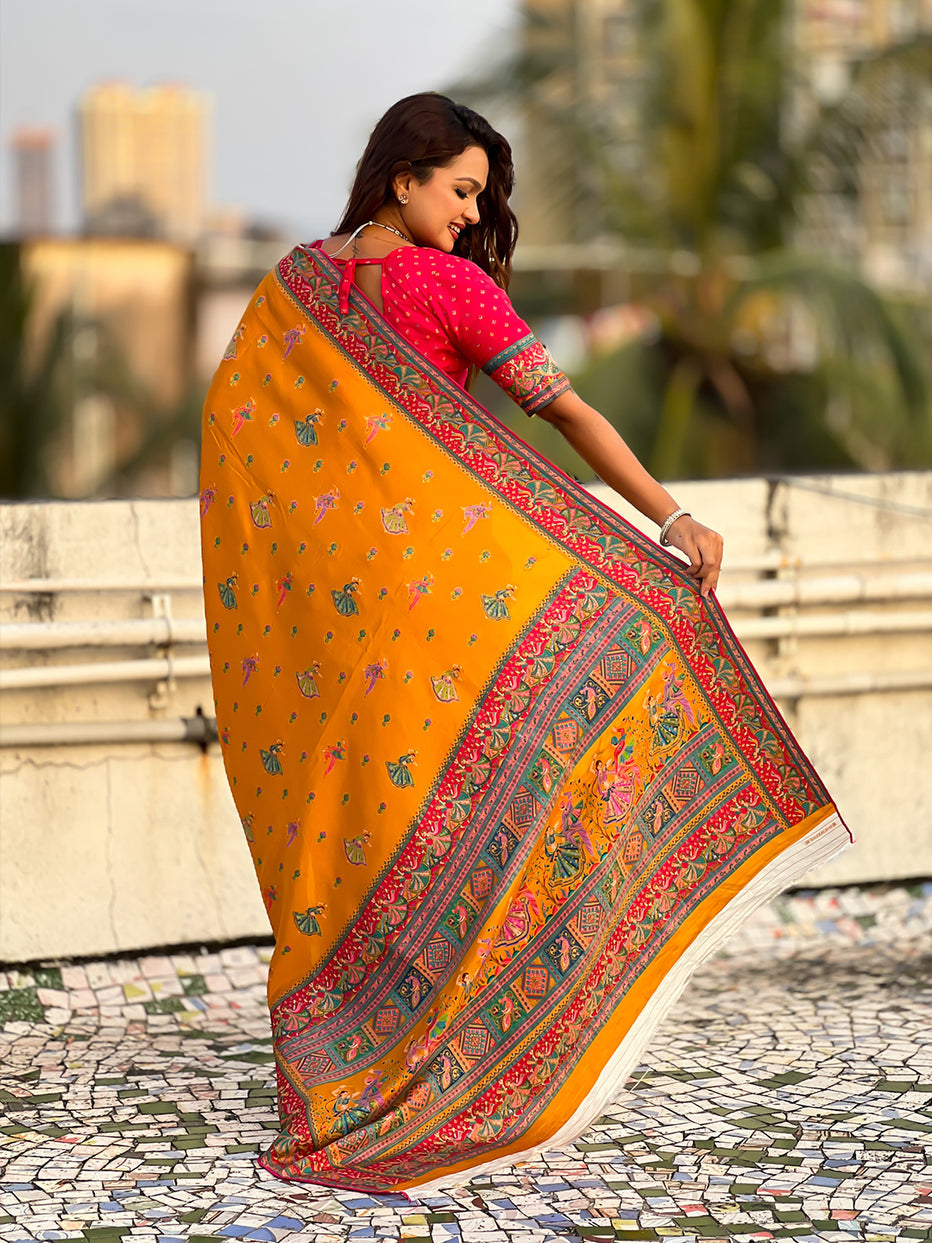 Mustard Pure Viscose Silk Position Printed Traditional Saree Soft Silk Saree Anant Tex Exports Pvt.Ltd..