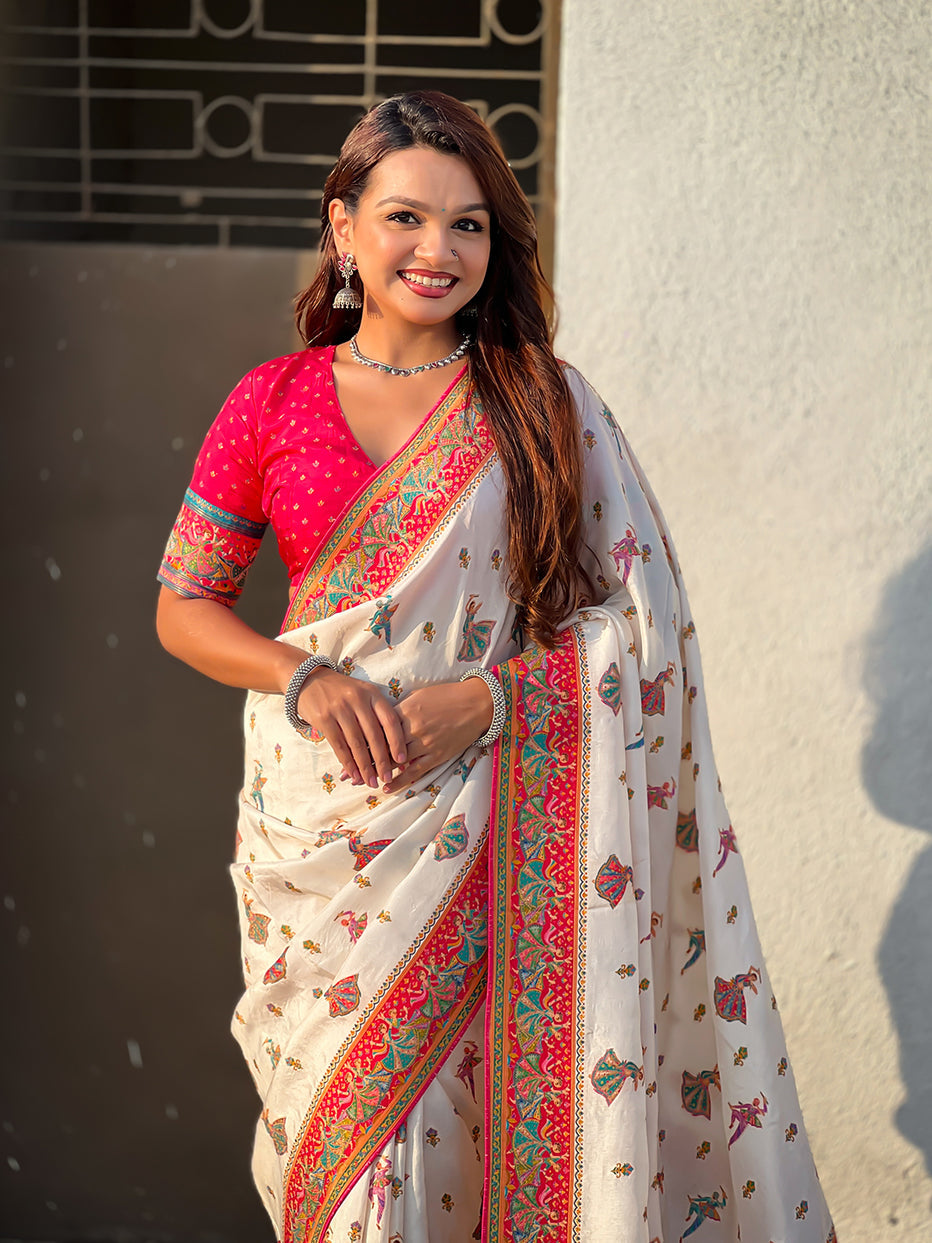 White Pure Viscose Silk Position Printed Traditional Saree Soft Silk Saree Anant Tex Exports Pvt.Ltd..