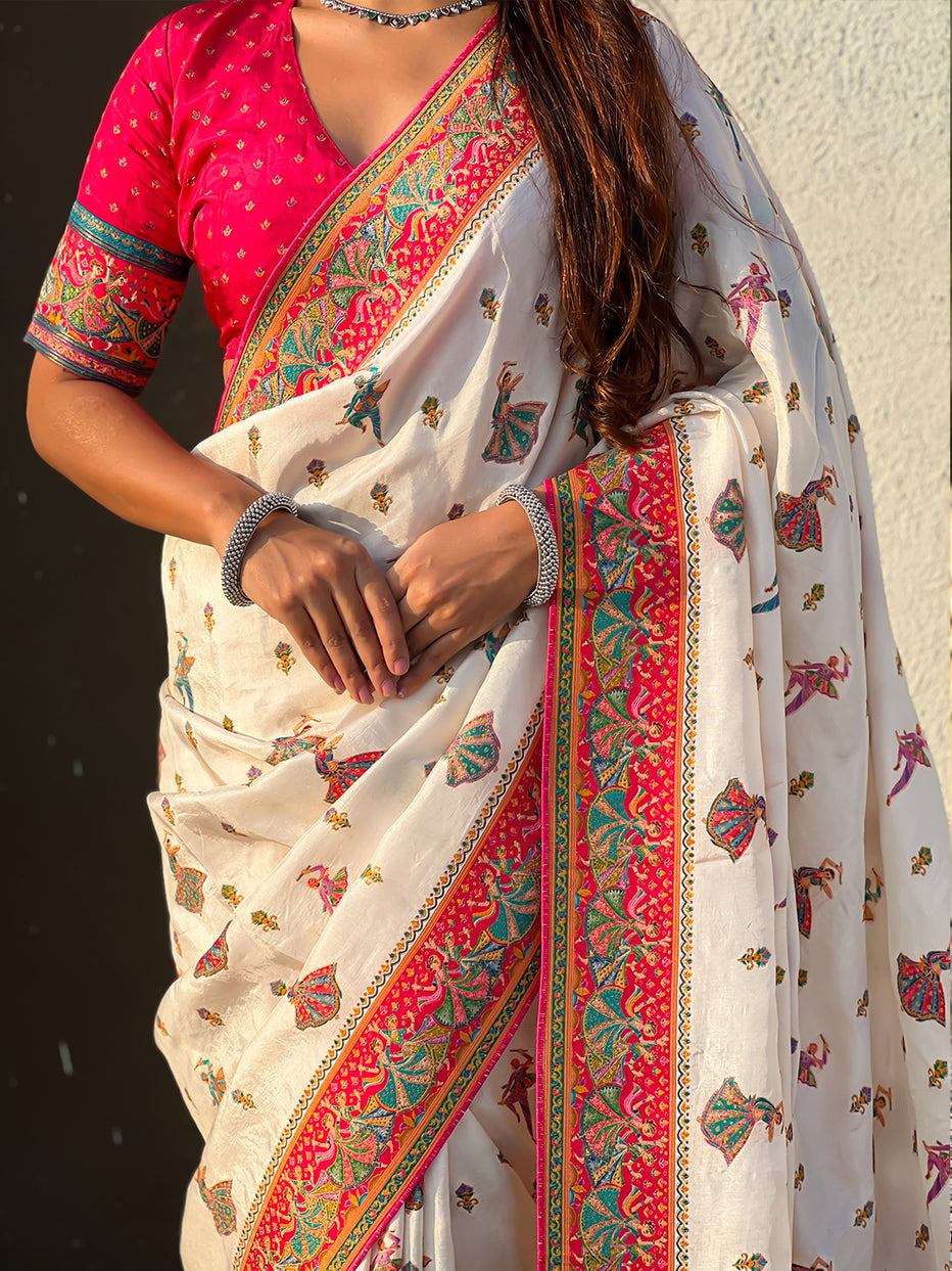 White Pure Viscose Silk Position Printed Traditional Saree