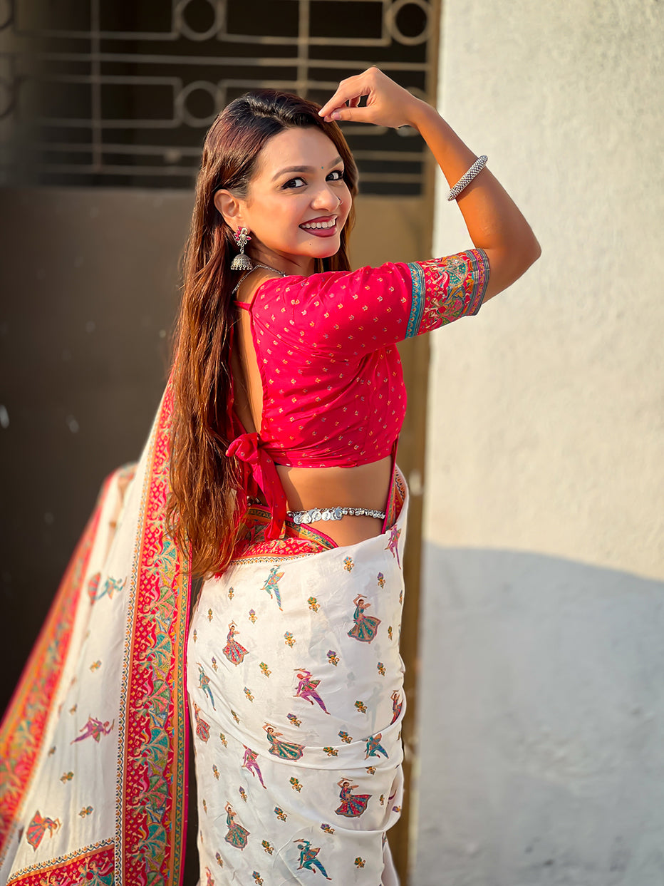 White Pure Viscose Silk Position Printed Traditional Saree