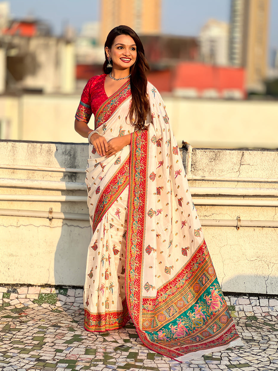 White Pure Viscose Silk Position Printed Traditional Saree