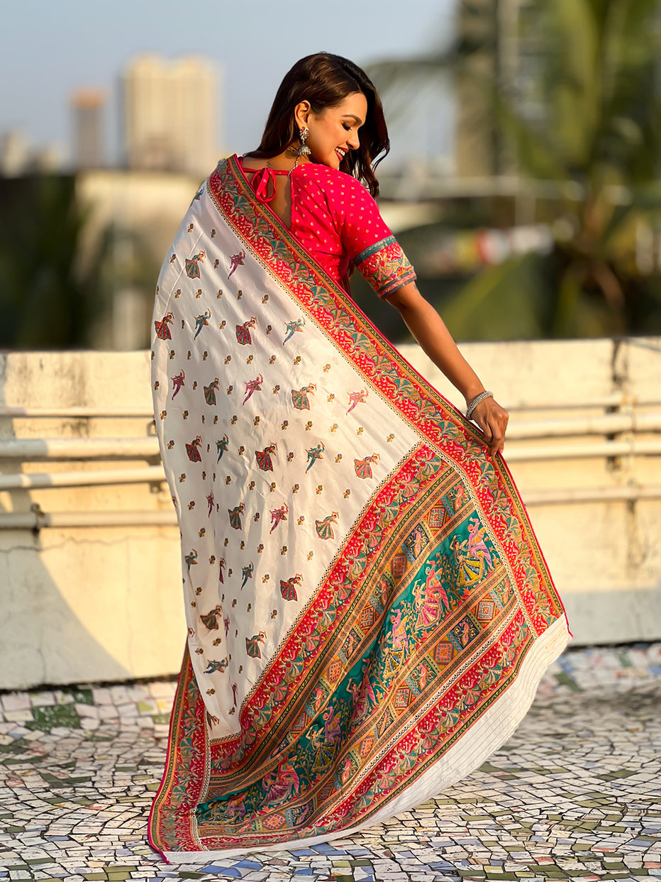 White Pure Viscose Silk Position Printed Traditional Saree