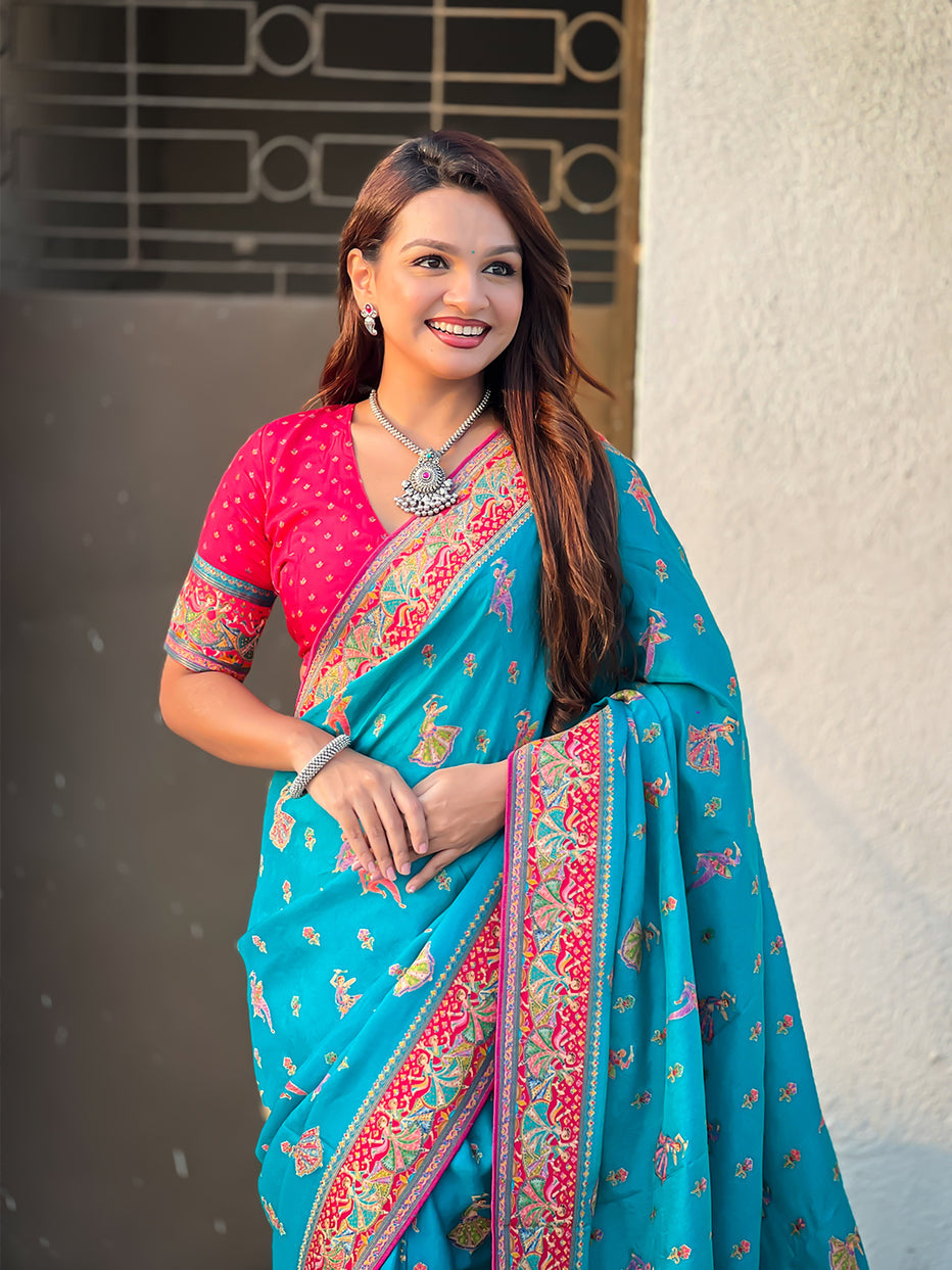 Rama Blue Pure Viscose Silk Position Printed Traditional Saree