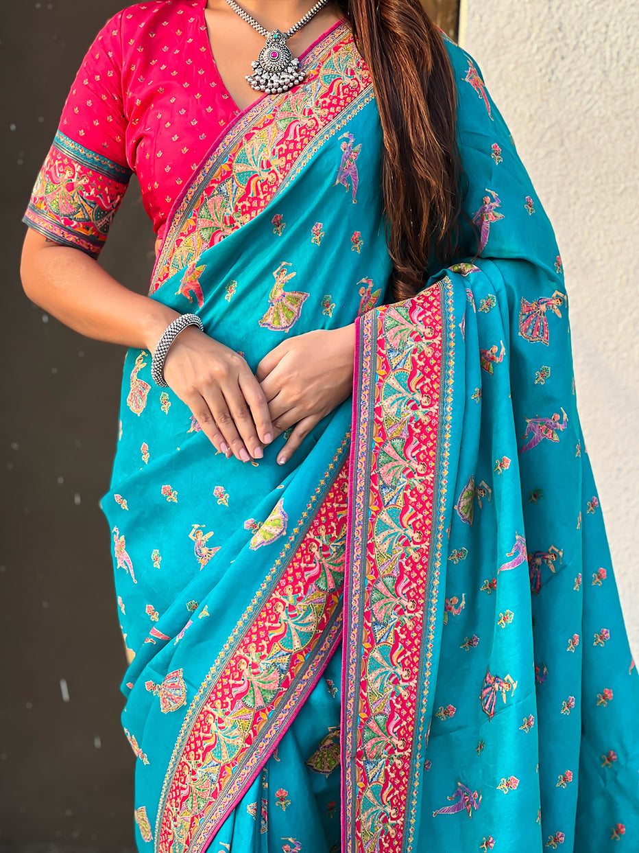 Rama Blue Pure Viscose Silk Position Printed Traditional Saree