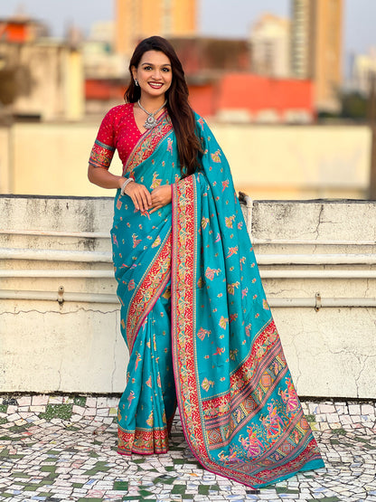 Rama Blue Pure Viscose Silk Position Printed Traditional Saree Soft Silk Saree Anant Tex Exports Pvt.Ltd..