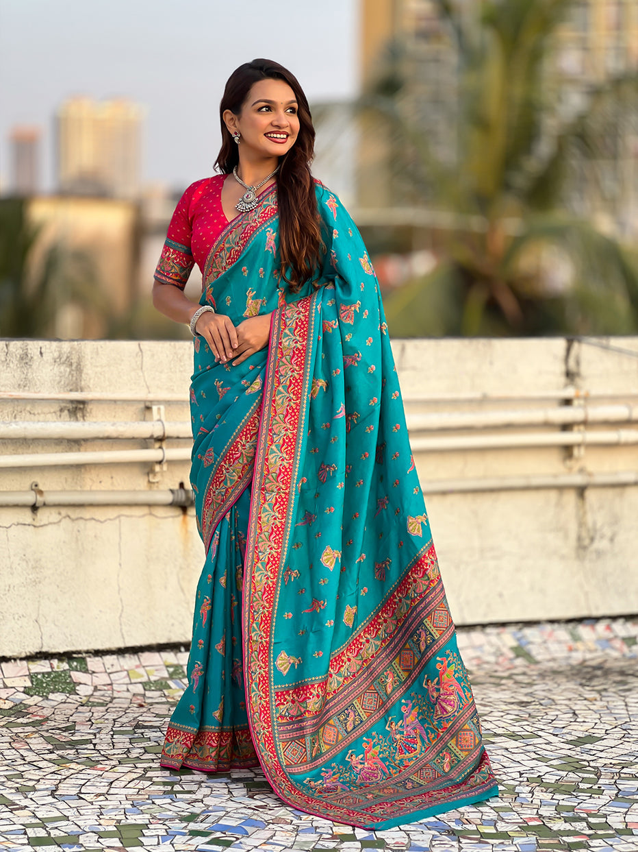 Rama Blue Pure Viscose Silk Position Printed Traditional Saree