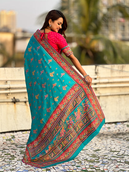Rama Blue Pure Viscose Silk Position Printed Traditional Saree Soft Silk Saree Anant Tex Exports Pvt.Ltd..