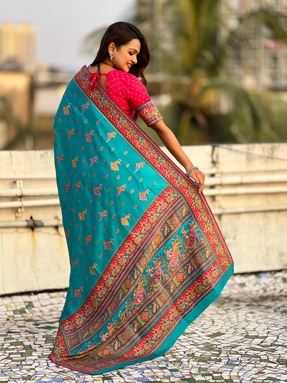 Rama Blue Pure Viscose Silk Position Printed Traditional Saree