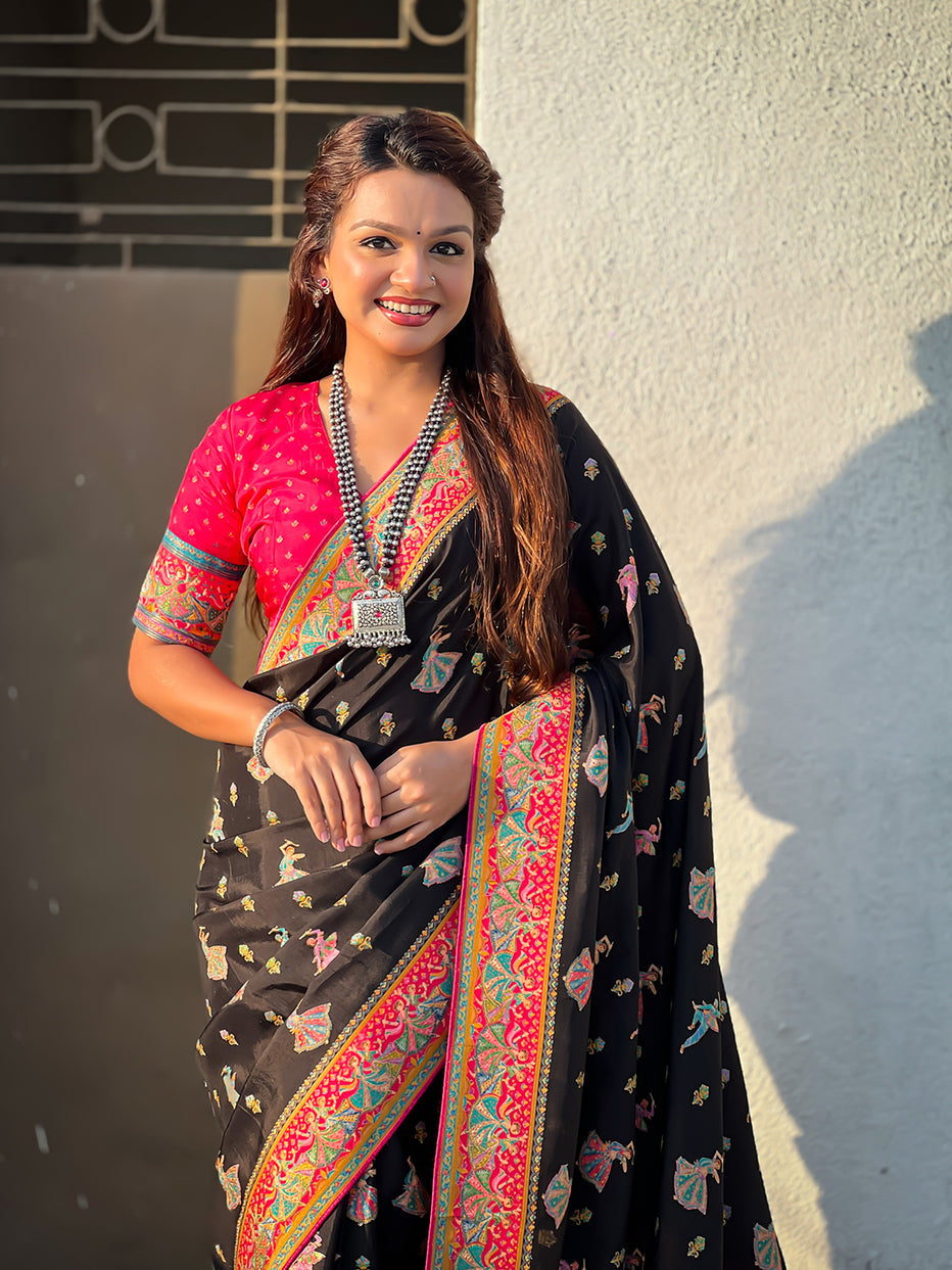 Black Pure Viscose Silk Position Printed Traditional Saree Soft Silk Saree Anant Tex Exports Pvt.Ltd..