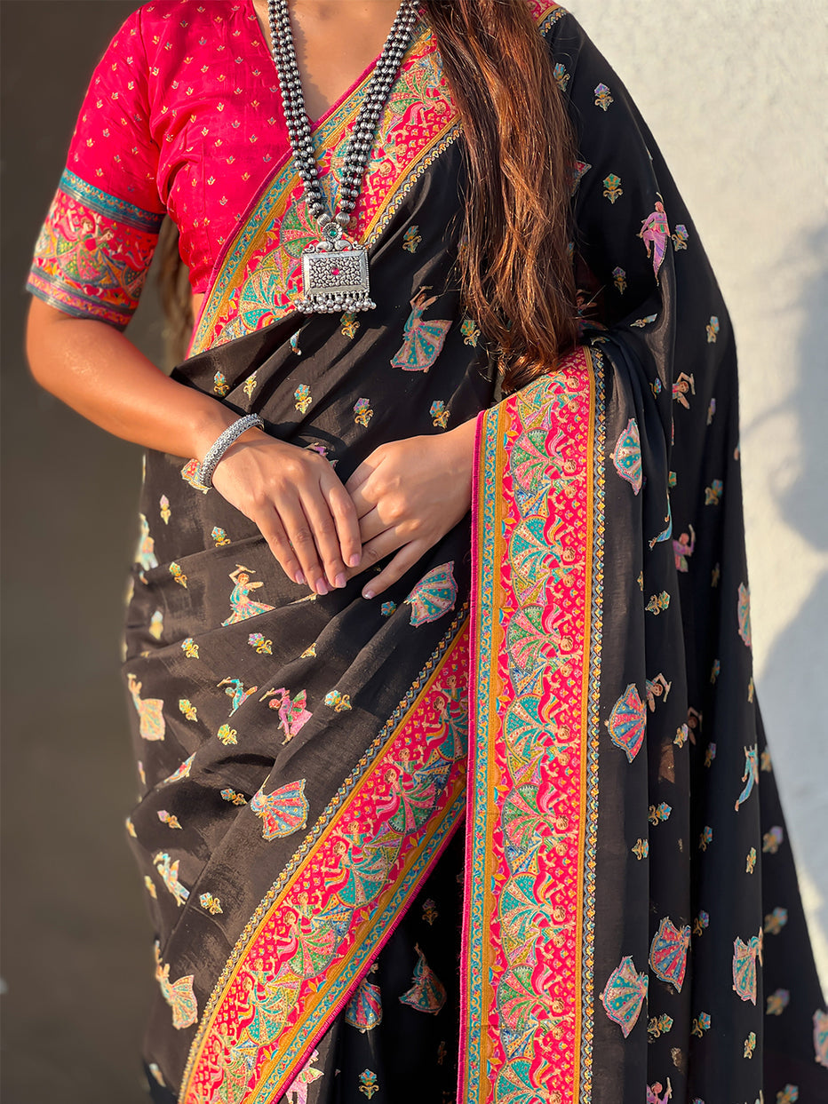 Black Pure Viscose Silk Position Printed Traditional Saree Soft Silk Saree Anant Tex Exports Pvt.Ltd..