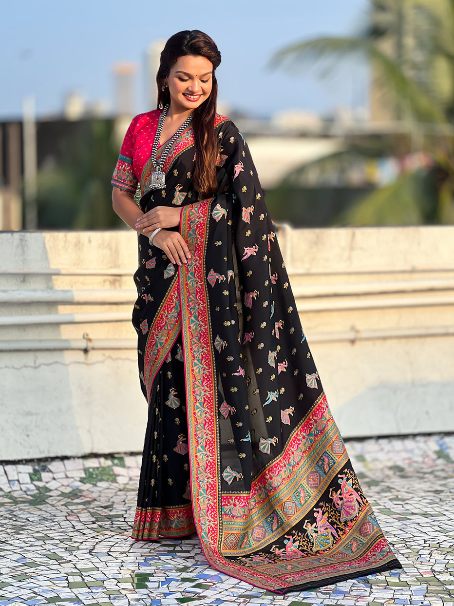 Black Pure Viscose Silk Position Printed Traditional Saree Soft Silk Saree Anant Tex Exports Pvt.Ltd..