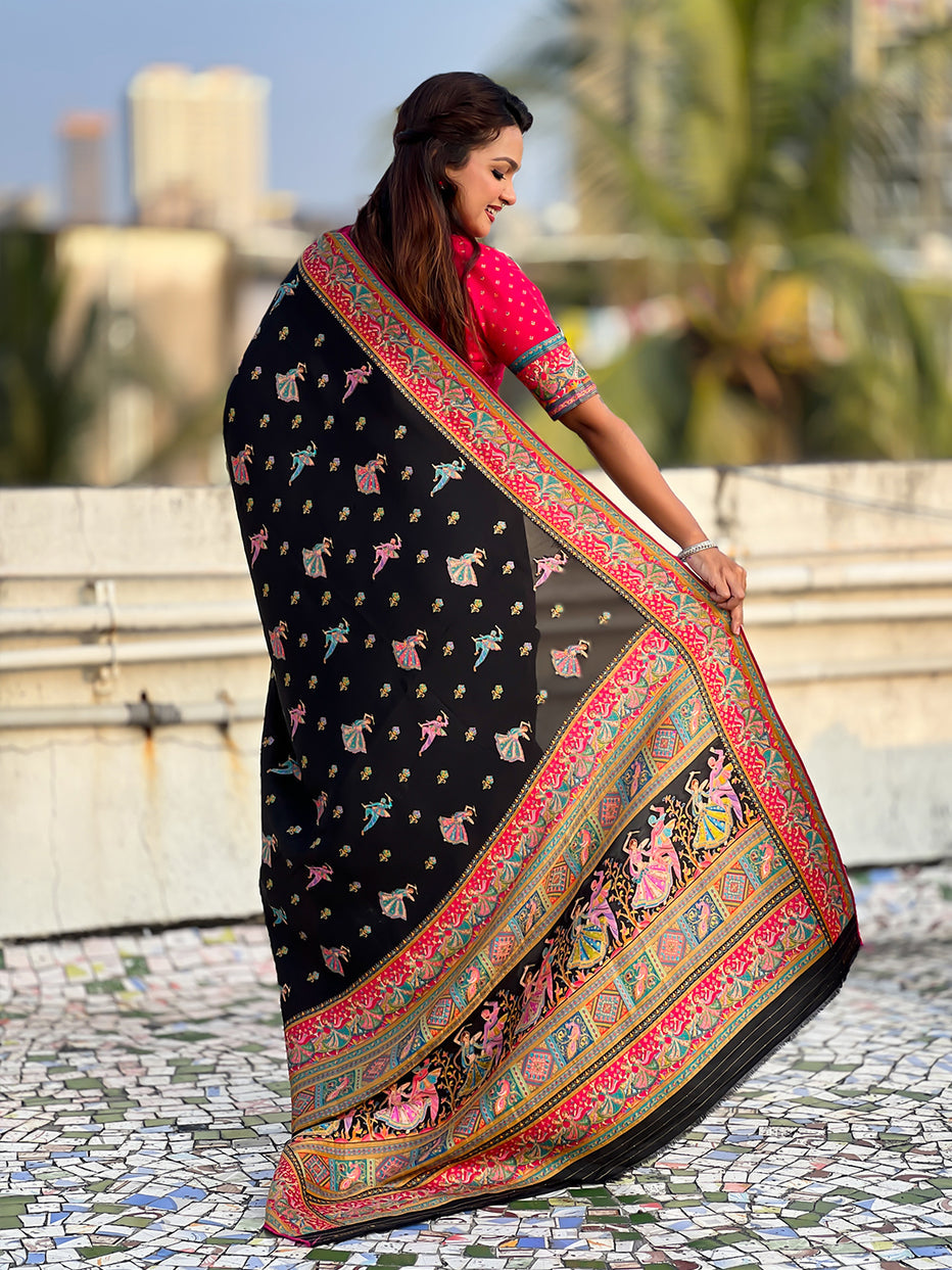 Black Pure Viscose Silk Position Printed Traditional Saree