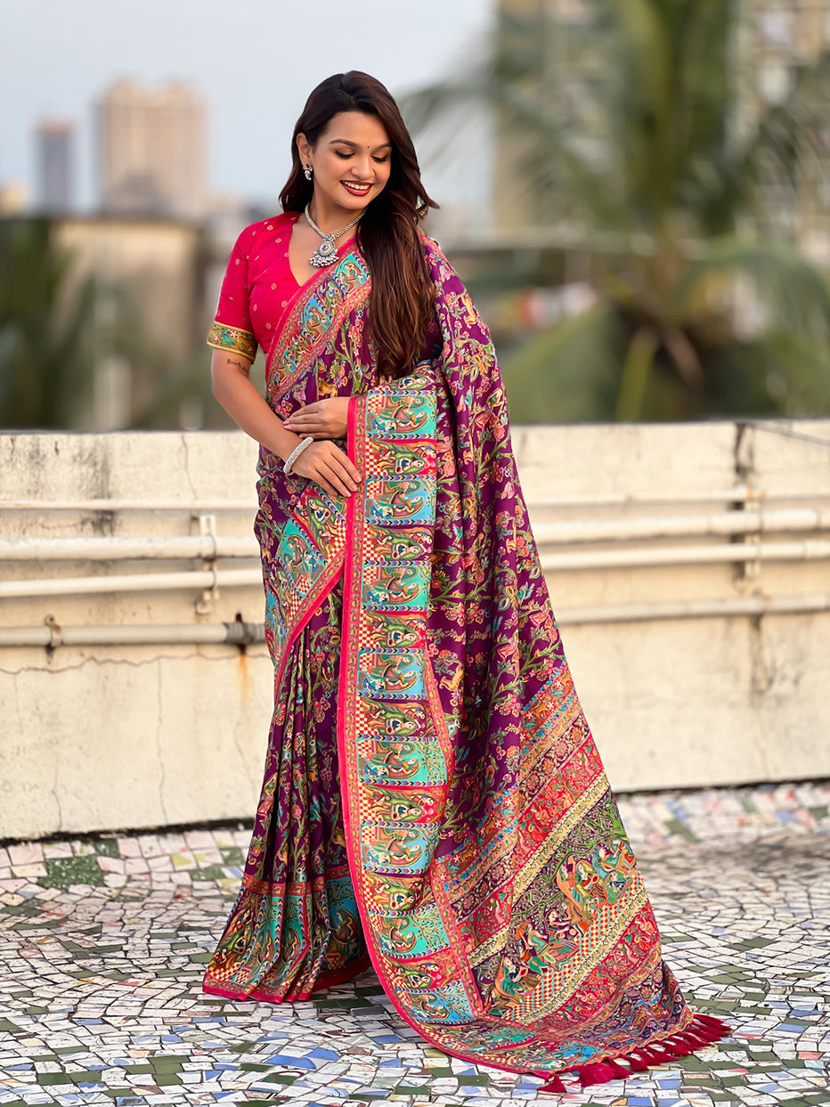 Wine Pure Viscose Silk Position Printed Traditional Saree