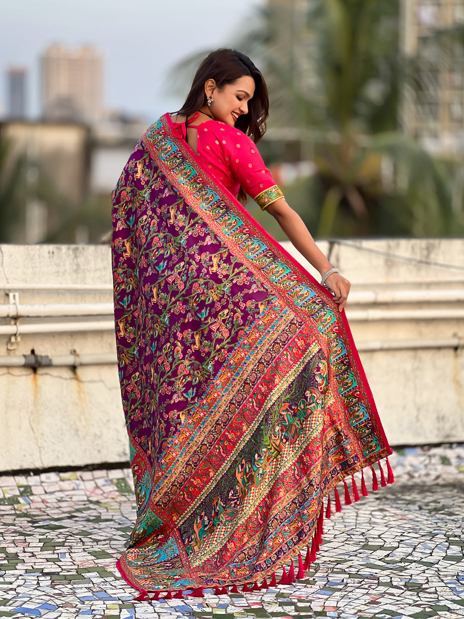 Wine Pure Viscose Silk Position Printed Traditional Saree