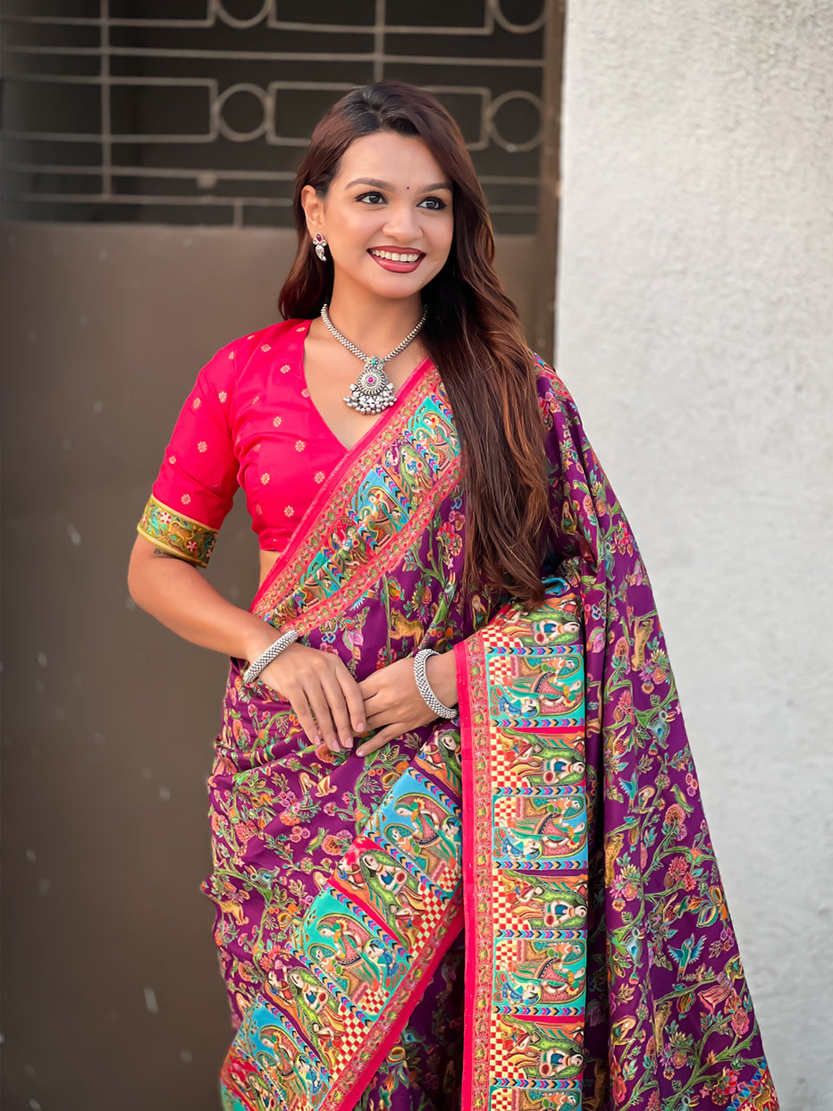 Wine Pure Viscose Silk Position Printed Traditional Saree