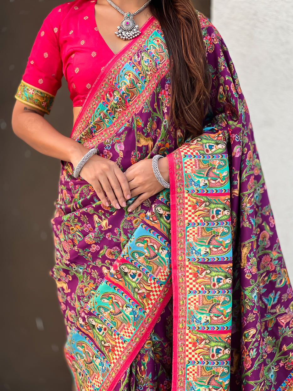 Wine Pure Viscose Silk Position Printed Traditional Saree