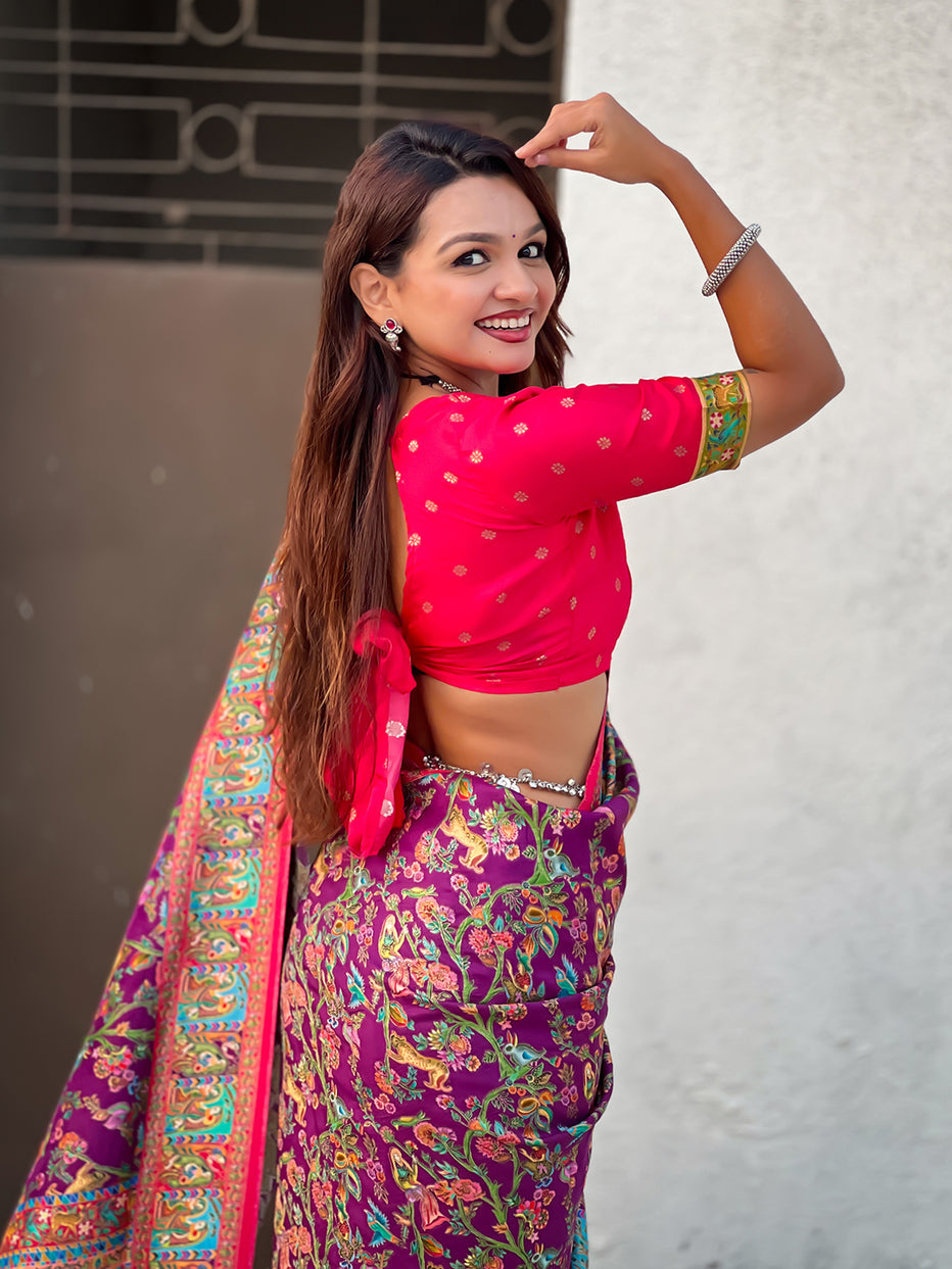 Wine Pure Viscose Silk Position Printed Traditional Saree