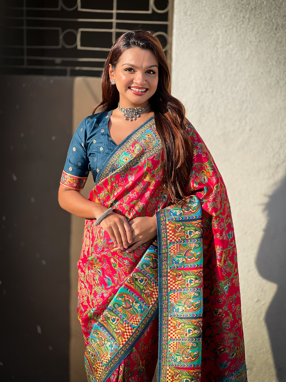 Pink Pure Viscose Silk Position Printed Traditional Saree