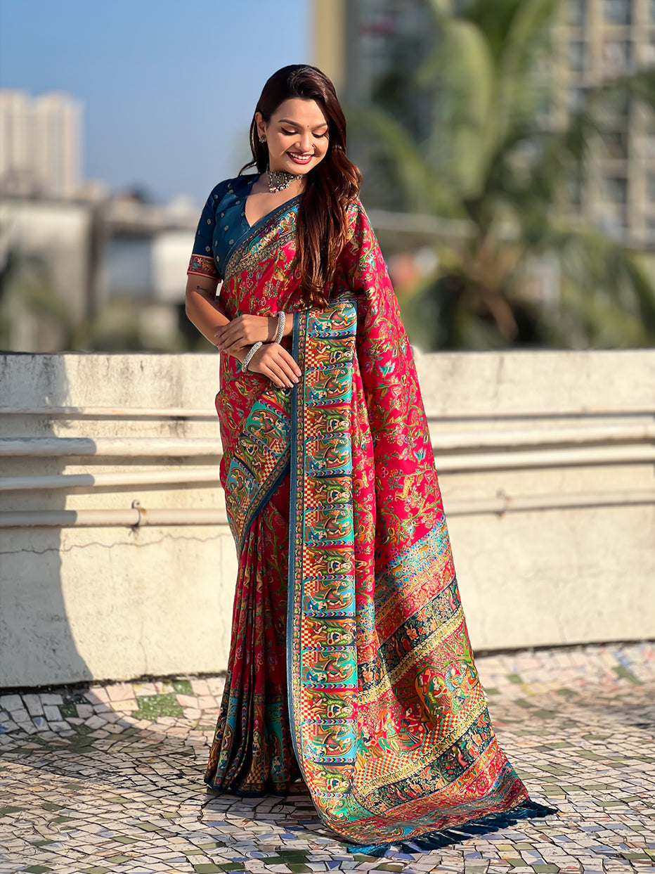 Pink Pure Viscose Silk Position Printed Traditional Saree