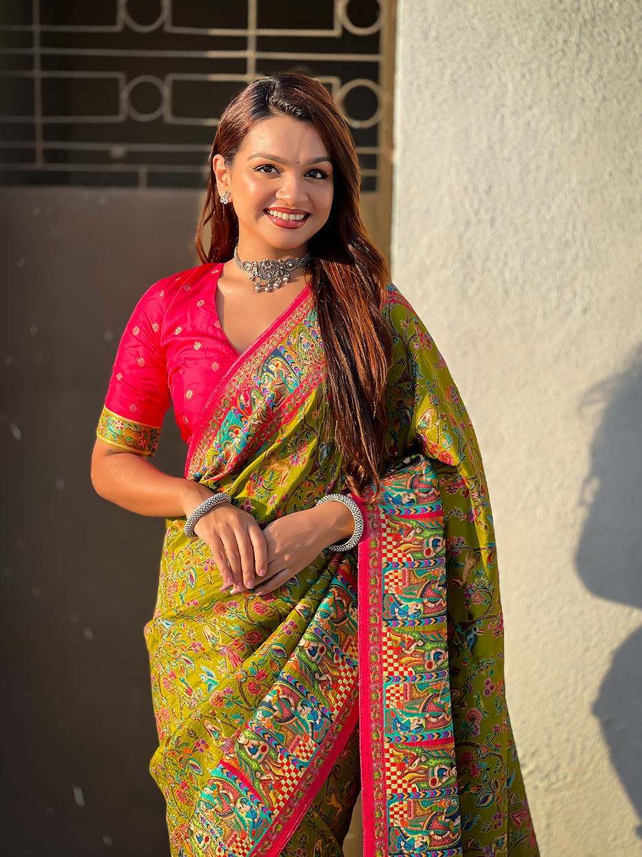Mehendi Pure Viscose Silk Position Printed Traditional Saree Soft Silk Saree Anant Tex Exports Pvt.Ltd..