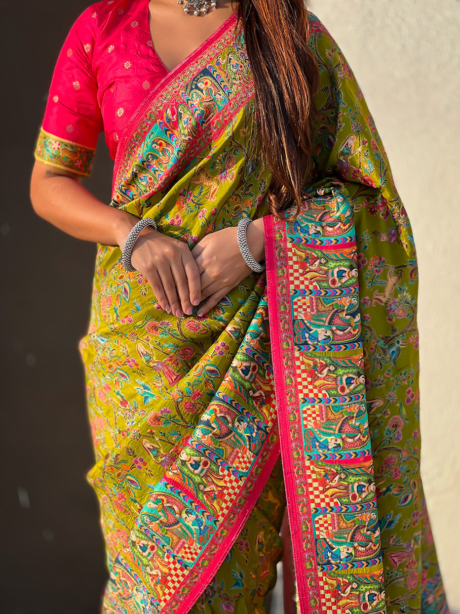 Mehendi Pure Viscose Silk Position Printed Traditional Saree