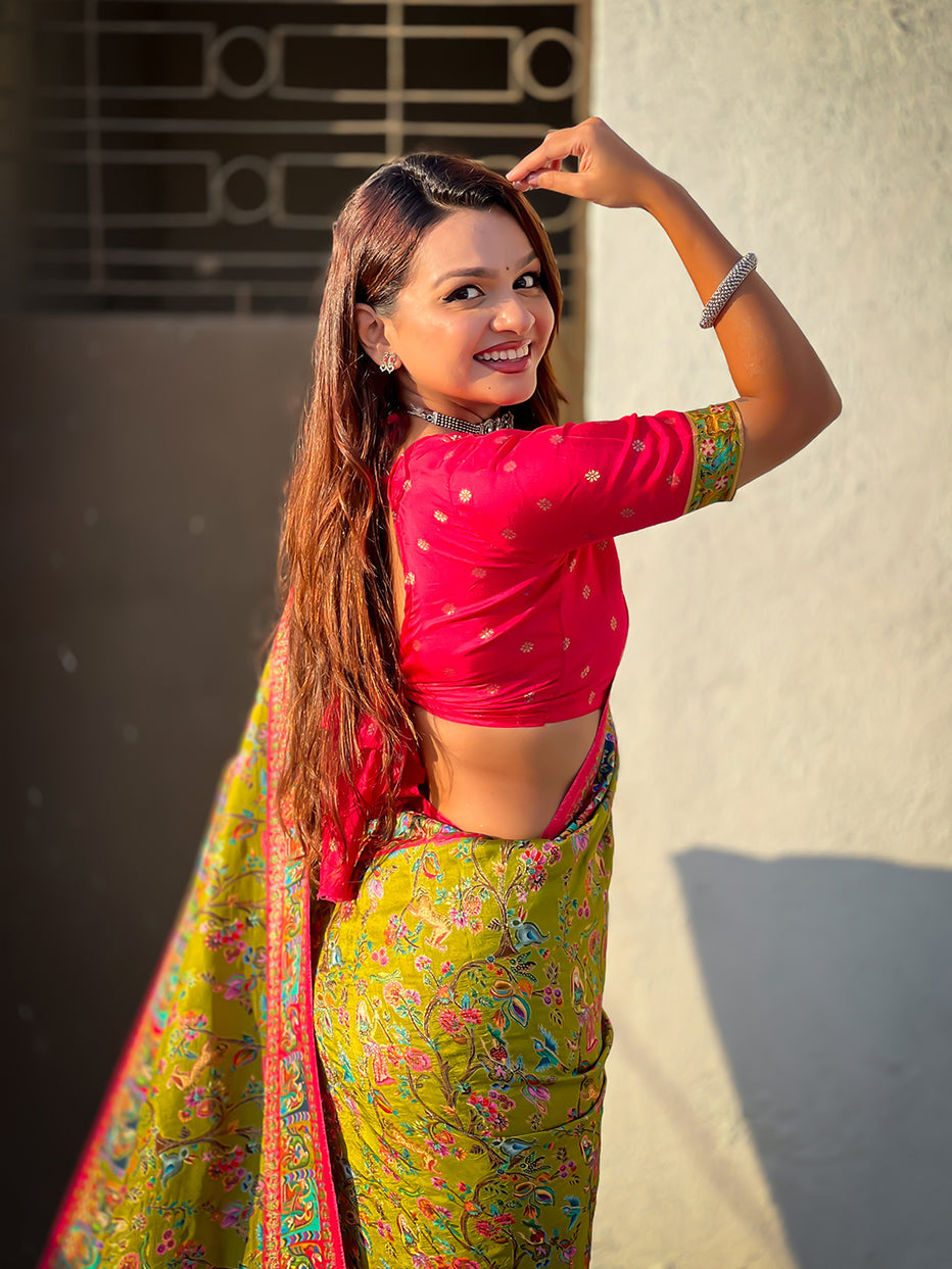 Mehendi Pure Viscose Silk Position Printed Traditional Saree