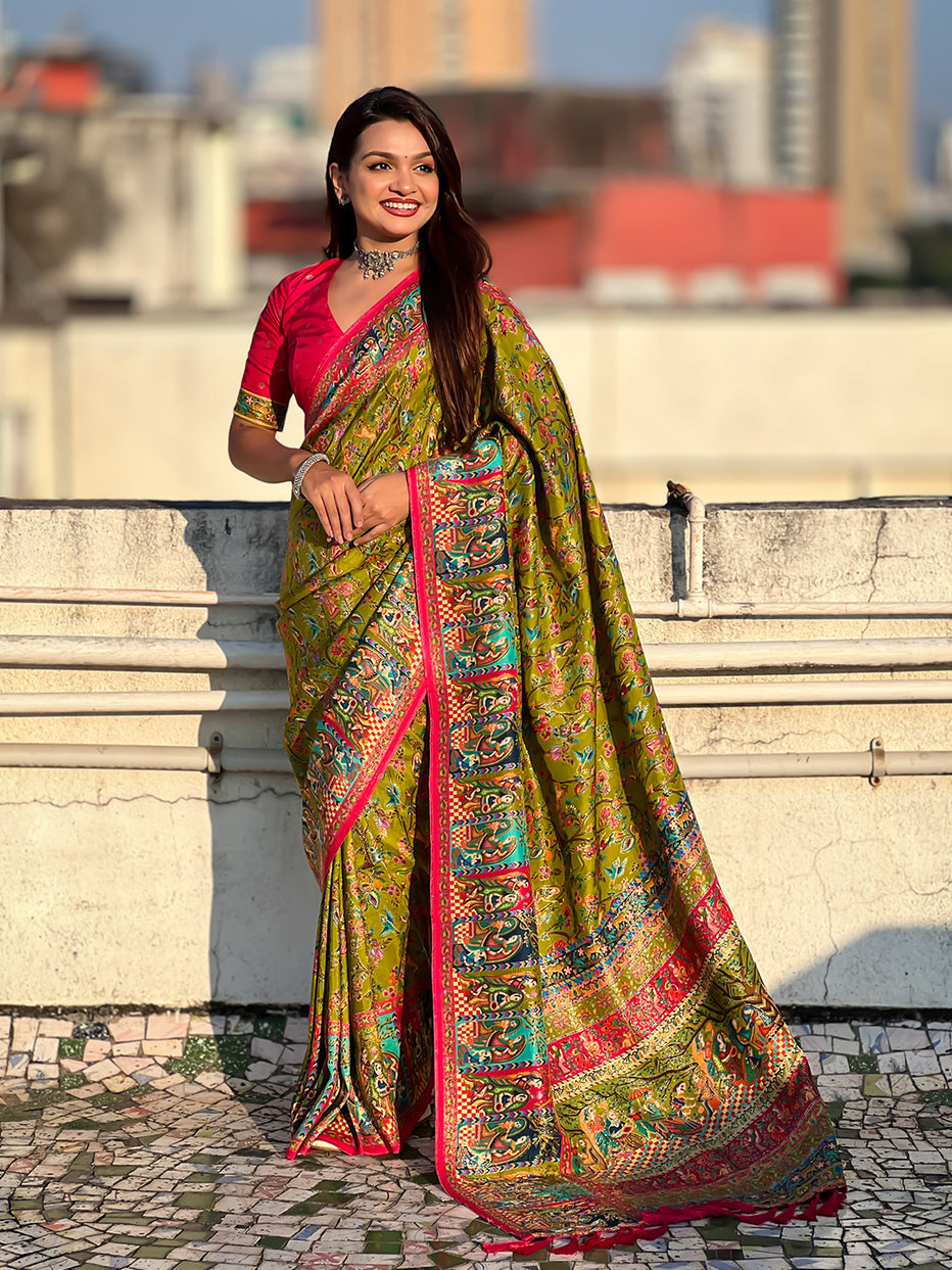 Mehendi Pure Viscose Silk Position Printed Traditional Saree