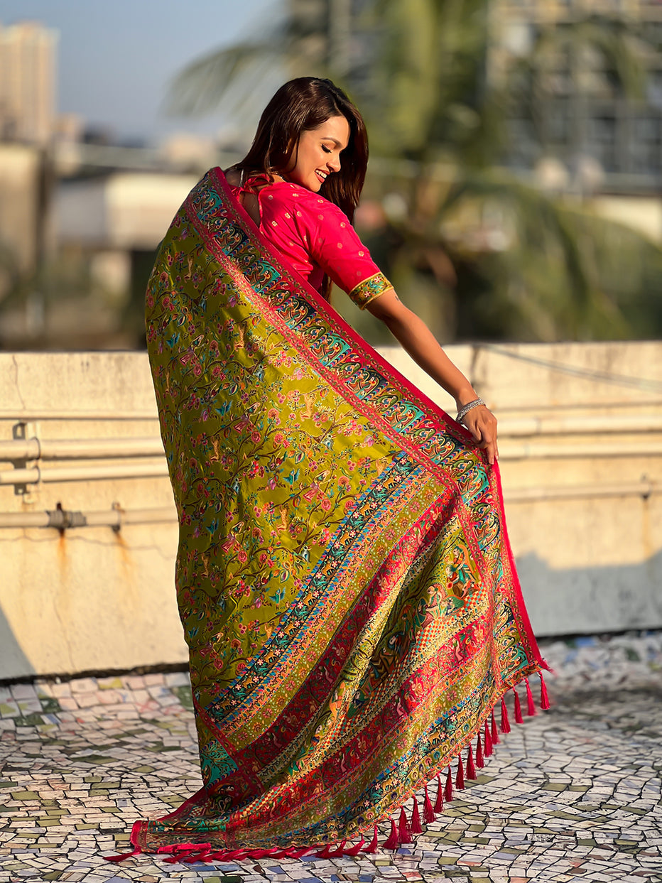 Mehendi Pure Viscose Silk Position Printed Traditional Saree