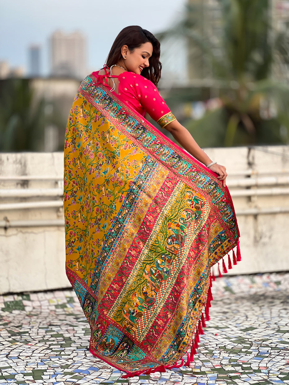 Yellow Pure Viscose Silk Position Printed Traditional Saree