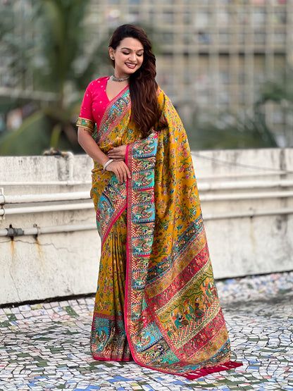 Yellow Pure Viscose Silk Position Printed Traditional Saree Soft Silk Saree Anant Tex Exports Pvt.Ltd..