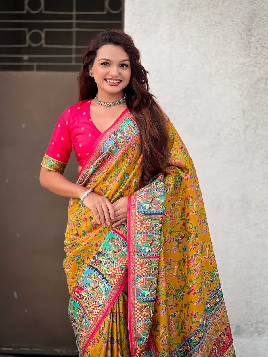Yellow Pure Viscose Silk Position Printed Traditional Saree Soft Silk Saree Anant Tex Exports Pvt.Ltd..