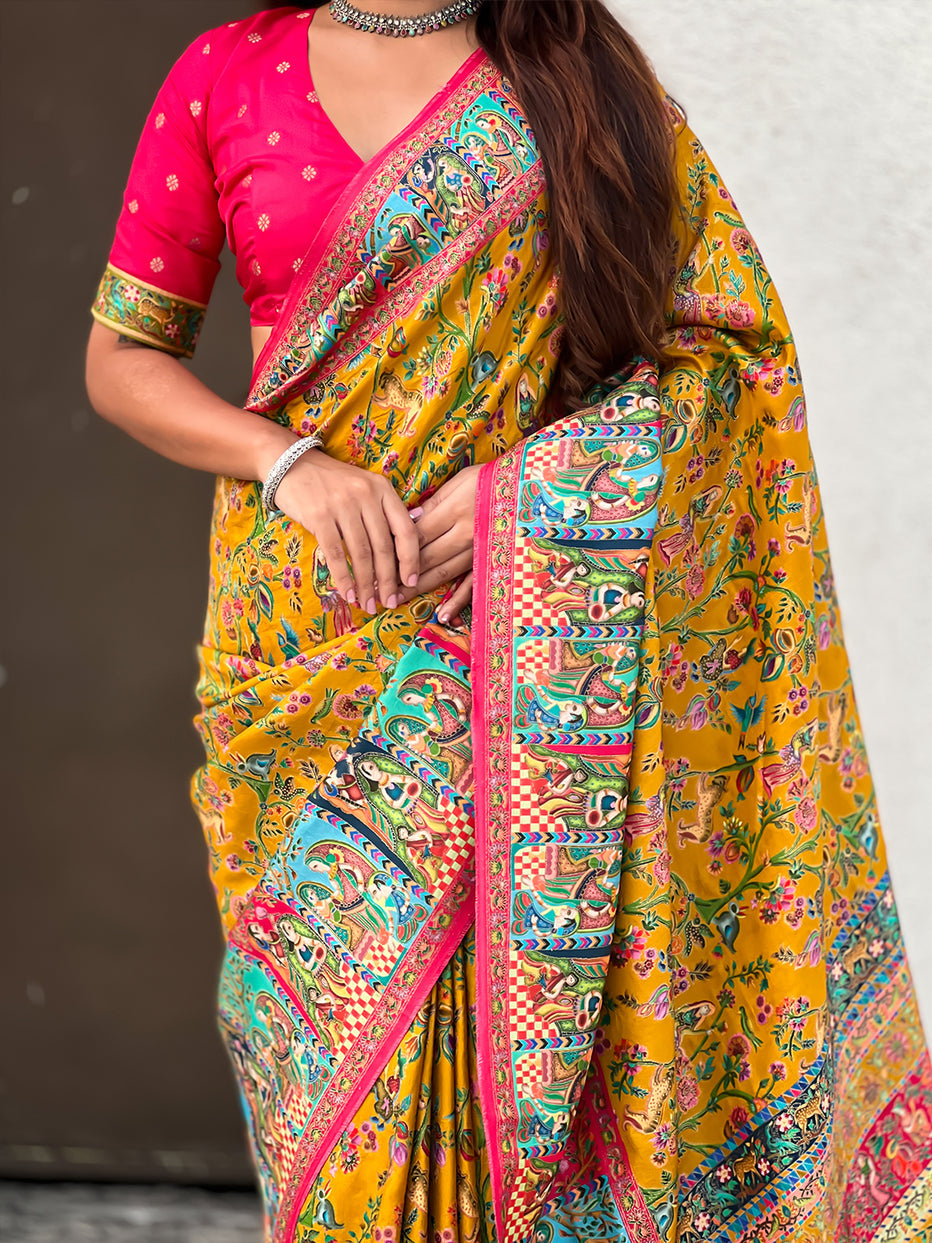 Yellow Pure Viscose Silk Position Printed Traditional Saree Soft Silk Saree Anant Tex Exports Pvt.Ltd..