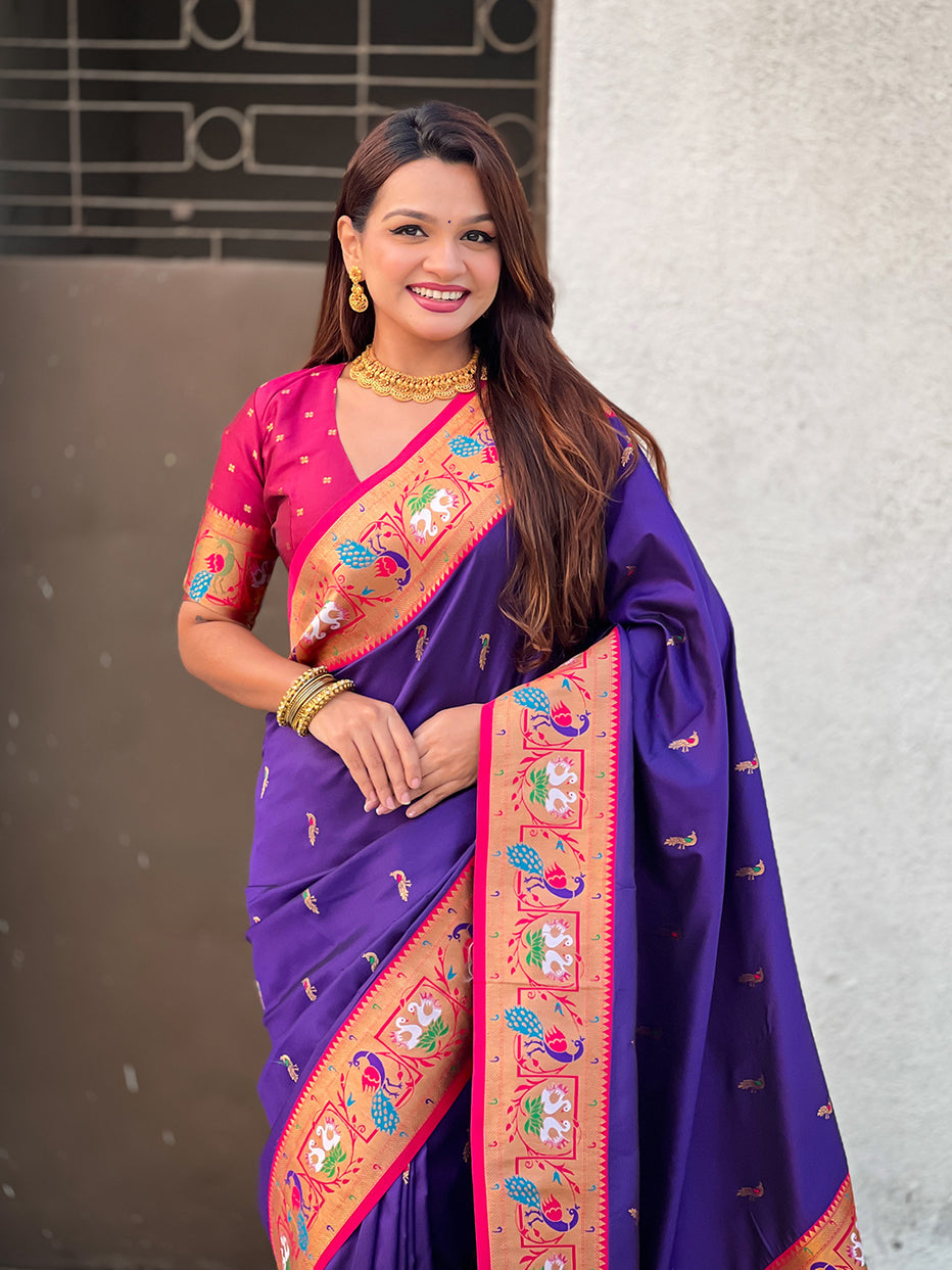 Violet Soft Silk Swan Rajhans Paithani Saree
